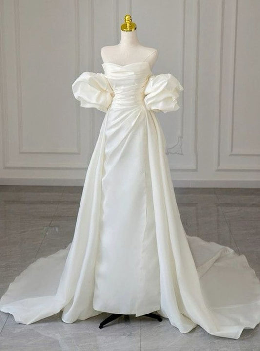 Timeless Bridal Gown Sheath Off The Shoulder White Short Sleeves Long Wedding Dresses Elegant Bridal Gowns DH910
