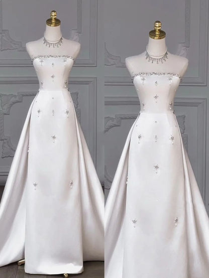 Timeless Bridal Gown Sheath Strapless Satin Sleeveless White Wedding Dresses Elegant Bridal Gowns DH914