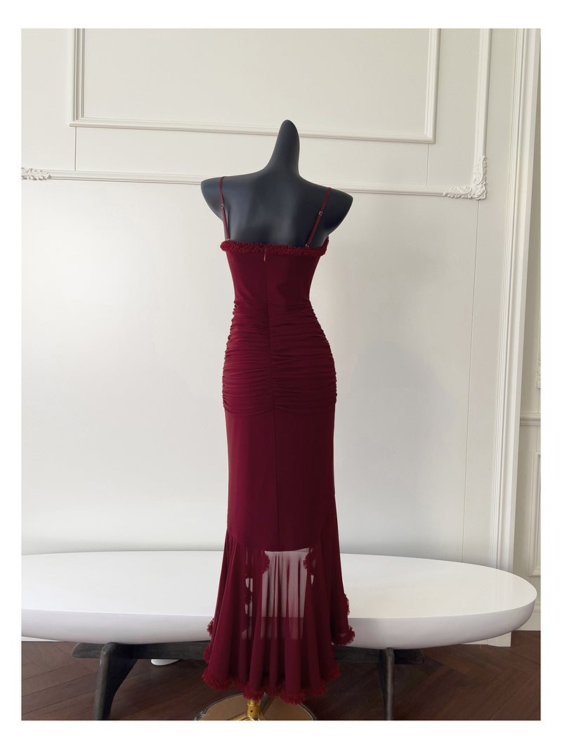 Elegant High Low Spaghetti Straps Burgundy Sleeveless Long Evening Party Gowns Evening Formal Dresses Prom Dress DH90