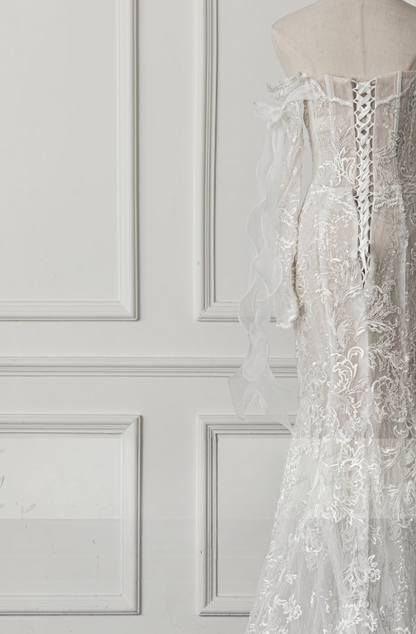 Simple Bridal Gown Mermaid Off The Shoulder White Long Sleeves Lace Wedding Dresses Elegant Bridal Gowns DH929