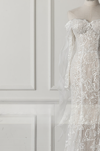 Simple Bridal Gown Mermaid Off The Shoulder White Long Sleeves Lace Wedding Dresses Elegant Bridal Gowns DH929