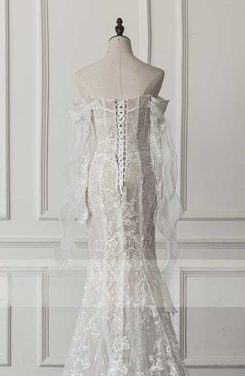 Simple Bridal Gown Mermaid Off The Shoulder White Long Sleeves Lace Wedding Dresses Elegant Bridal Gowns DH929