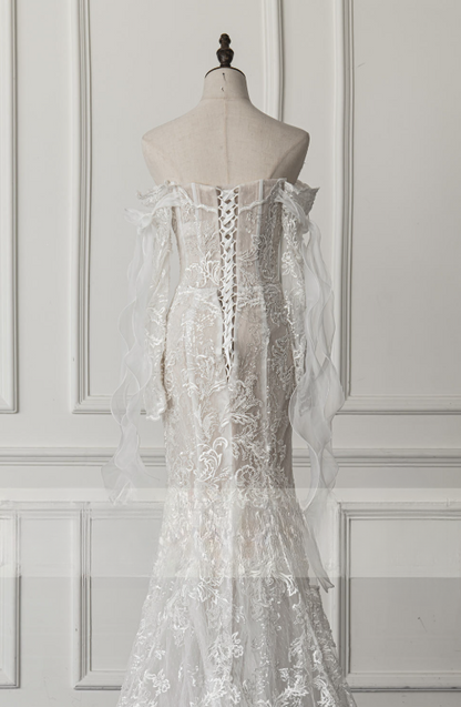 Simple Bridal Gown Mermaid Off The Shoulder White Long Sleeves Lace Wedding Dresses Elegant Bridal Gowns DH929