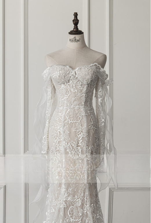 Simple Bridal Gown Mermaid Off The Shoulder White Long Sleeves Lace Wedding Dresses Elegant Bridal Gowns DH929