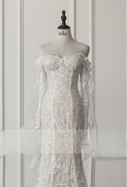 Simple Bridal Gown Mermaid Off The Shoulder White Long Sleeves Lace Wedding Dresses Elegant Bridal Gowns DH929