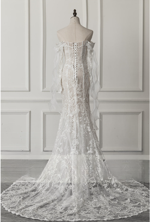 Simple Bridal Gown Mermaid Off The Shoulder White Long Sleeves Lace Wedding Dresses Elegant Bridal Gowns DH929