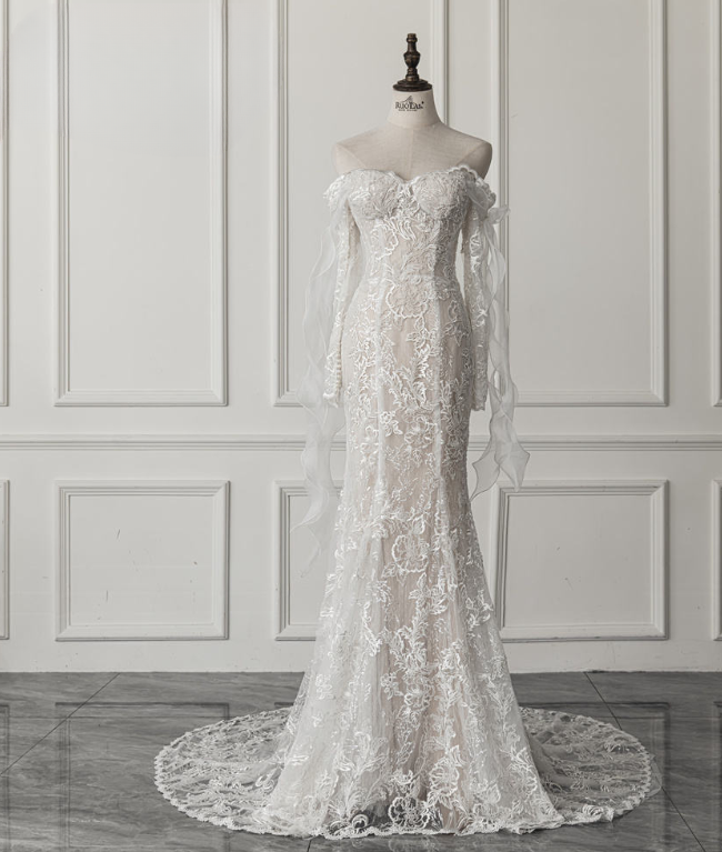 Simple Bridal Gown Mermaid Off The Shoulder White Long Sleeves Lace Wedding Dresses Elegant Bridal Gowns DH929
