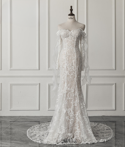 Simple Bridal Gown Mermaid Off The Shoulder White Long Sleeves Lace Wedding Dresses Elegant Bridal Gowns DH929