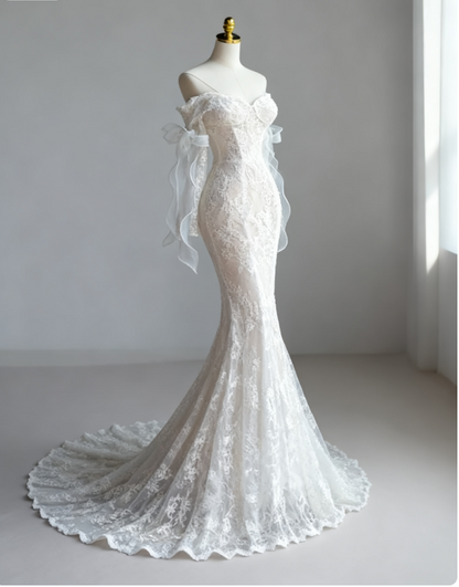 Simple Bridal Gown Mermaid Off The Shoulder White Long Sleeves Lace Wedding Dresses Elegant Bridal Gowns DH929