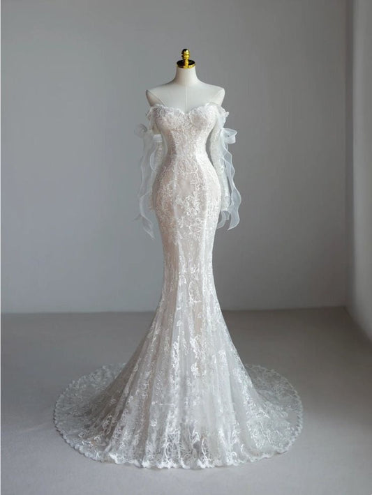 Simple Bridal Gown Mermaid Off The Shoulder White Long Sleeves Lace Wedding Dresses Elegant Bridal Gowns DH929