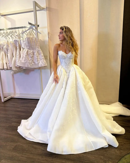 Princess Bridal Dress Ball Gown Sweetheart Sleeveless Satin White Lace Wedding Dresses Pretty Bridal Gowns DH936