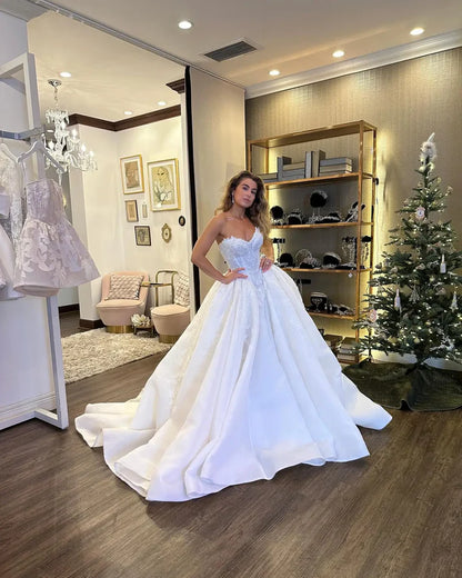 Princess Bridal Dress Ball Gown Sweetheart Sleeveless Satin White Lace Wedding Dresses Pretty Bridal Gowns DH936