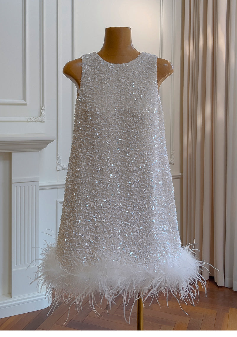 Cute A line Scoop Neck Short White Sequin Formal 8th Grade Homecoming Dresses Summer Middle School Hoco Dress Homecoming Outfits DH93
