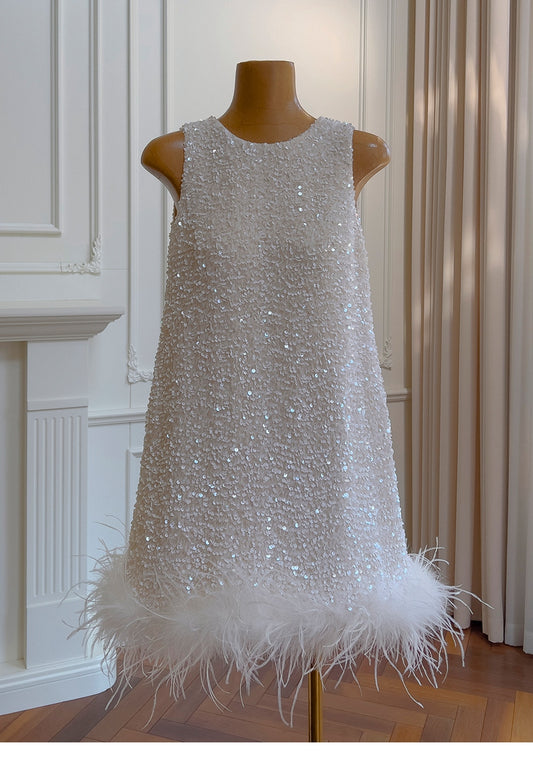 Cute A line Scoop Neck Short White Sequin Formal 8th Grade Homecoming Dresses Summer Middle School Hoco Dress Homecoming Outfits DH93