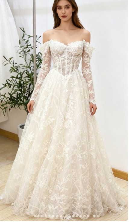 Timeless Bridal Gown Ball Gown Off The Shoulder White Lace Appliques Long Sleeves Wedding Dresses Elegant Bridal Gowns DH952