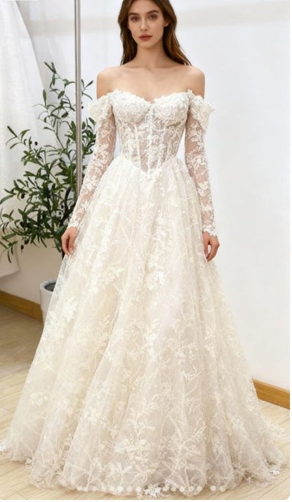 Timeless Bridal Gown Ball Gown Off The Shoulder White Lace Appliques Long Sleeves Wedding Dresses Elegant Bridal Gowns DH952
