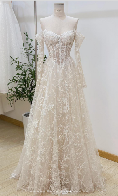 Timeless Bridal Gown Ball Gown Off The Shoulder White Lace Appliques Long Sleeves Wedding Dresses Elegant Bridal Gowns DH952
