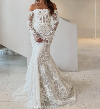 Timeless Bridal Gown Mermaid Off The Shoulder White Lace Long Sleeves Wedding Dresses Elegant Bridal Gowns DH954