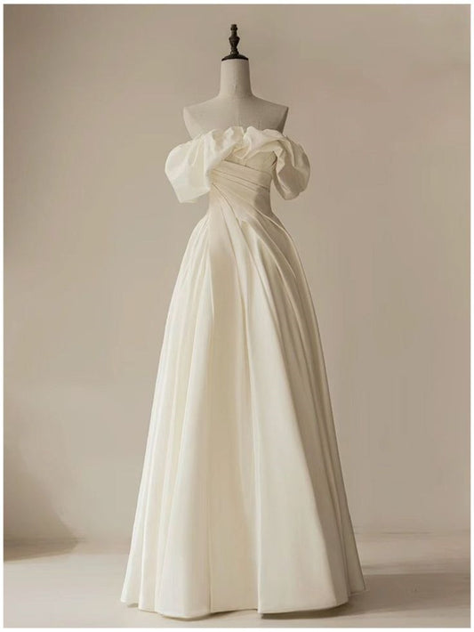 Timeless Bridal Gown A line Off The Shoulder White Long Pleated Satin Wedding Dresses Elegant Bridal Gowns DH962