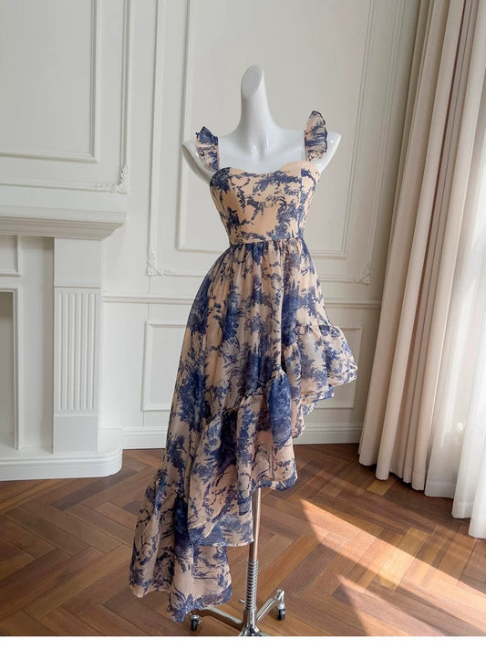 Cute High Low Square Neck Chiffon Blue Floral Formal 8th Grade Homecoming Dresses Summer Middle School Hoco Dress Homecoming Outfits DH96