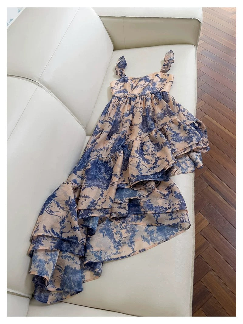 Cute High Low Square Neck Chiffon Blue Floral Formal 8th Grade Homecoming Dresses Summer Middle School Hoco Dress Homecoming Outfits DH96