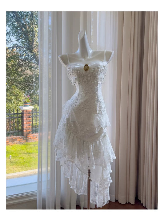 Cute High Low Spaghetti Straps White Lace Formal 8th Grade Homecoming Dresses Summer Middle School Hoco Dress Homecoming Outfits DH96