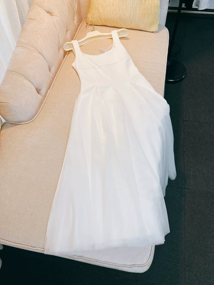 Elegant A Line Square Neck White Chiffon Sleeveless Long Evening Party Gowns Evening Formal Dresses Prom Dress DH98