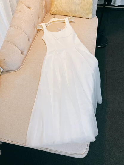 Elegant A Line Square Neck White Chiffon Sleeveless Long Evening Party Gowns Evening Formal Dresses Prom Dress DH98