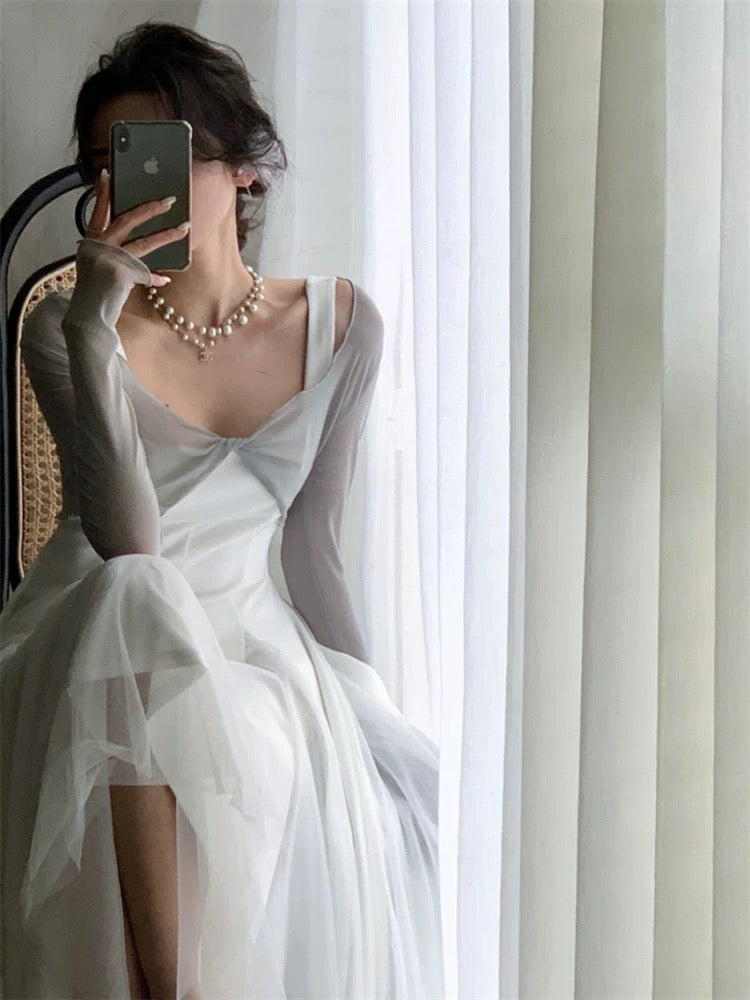 Elegant A Line Square Neck White Chiffon Sleeveless Long Evening Party Gowns Evening Formal Dresses Prom Dress DH98