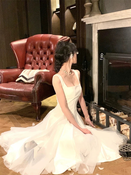 Elegant A Line Square Neck White Chiffon Sleeveless Long Evening Party Gowns Evening Formal Dresses Prom Dress DH98