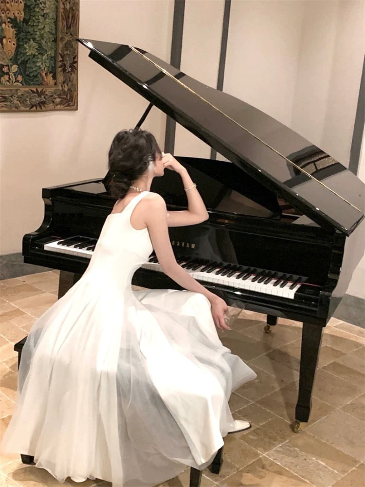 Elegant A Line Square Neck White Chiffon Sleeveless Long Evening Party Gowns Evening Formal Dresses Prom Dress DH98