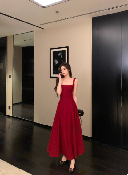 Vintage A Line Square Neckline Burgundy Satin Sleeveless 18th Birthday Dress Party Gown Birthday Outfits For Women DP0212