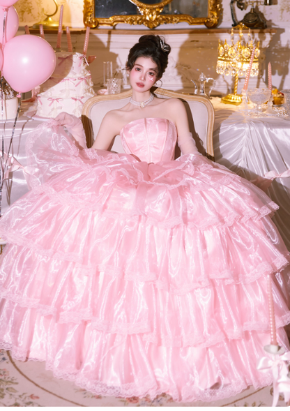 Cute Strapless Ball Gown Tiered Tull Long Prom Dress, Pink Sweet 16 Dress DP3023