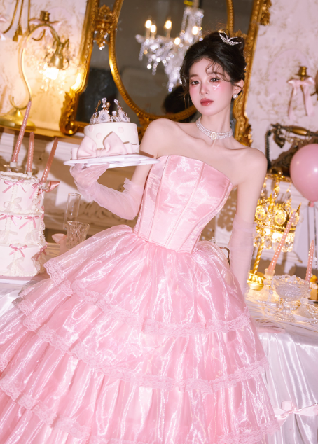 Cute Strapless Ball Gown Tiered Tull Long Prom Dress, Pink Sweet 16 Dress DP3023