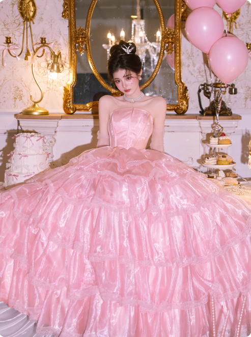 Cute Strapless Ball Gown Tiered Tull Long Prom Dress, Pink Sweet 16 Dress DP3023