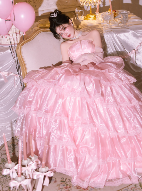 Cute Strapless Ball Gown Tiered Tull Long Prom Dress, Pink Sweet 16 Dress DP3023
