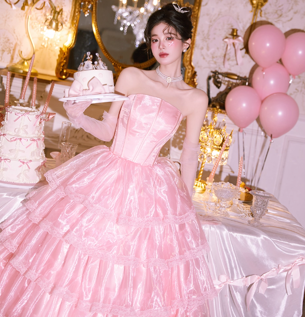 Cute Strapless Ball Gown Tiered Tull Long Prom Dress, Pink Sweet 16 Dress DP3023