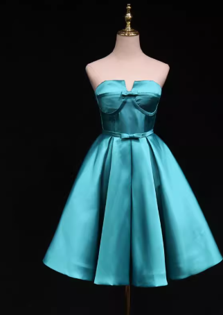 Elegant Strapless A-Line Satin Short Prom Dresses, Blue Homecoming Dresses DP03028