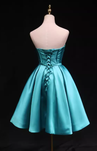 Elegant Strapless A-Line Satin Short Prom Dresses, Blue Homecoming Dresses DP03028