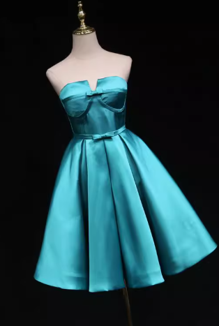 Elegant Strapless A-Line Satin Short Prom Dresses, Blue Homecoming Dresses DP03028