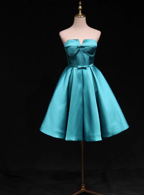 Elegant Strapless A-Line Satin Short Prom Dresses, Blue Homecoming Dresses DP03028