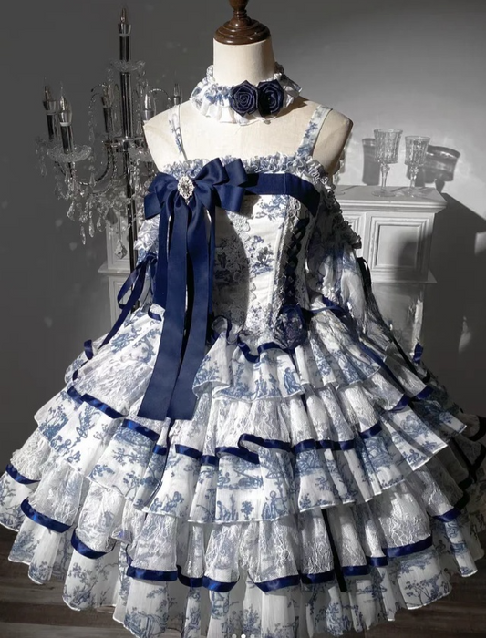 Cute Spaghetti Strap Ball Gown Tulle Sleeveless Birthday Dress Blue Lolita Dress DP03029