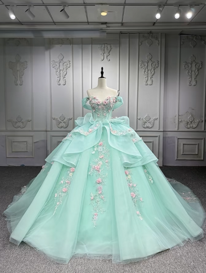 Gorgeous Off-the-Shoulder Ball Gown Tulle Beaded Applique Long Prom Dresses, Green Quinceanera Dresses DP03046