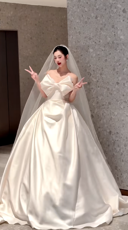 Timeless Strapless Ball Gown Satin Wedding Dress, White Bridal Gowns DP03048