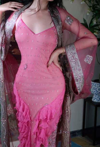 Vintage Spaghetti Straps Sheath Pink Long Prom Dresses Chiffon Pink Evening Dresses DP3982