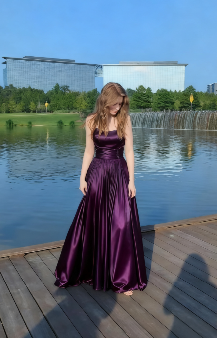 Sexy Spaghetti Straps A-Line Purple Long Prom Dresses Satin Purple Evening Dresses DP03983