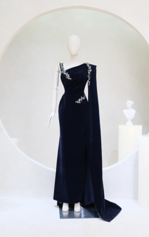 Elegant Sheath Navy Blue Long Prom Dresses, Asymmetrical Neck Navy Blue Bridal Mother-of-the-Bride Dress DP04003
