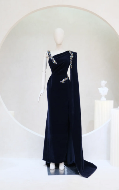 Elegant Sheath Navy Blue Long Prom Dresses, Asymmetrical Neck Navy Blue Bridal Mother-of-the-Bride Dress DP04003