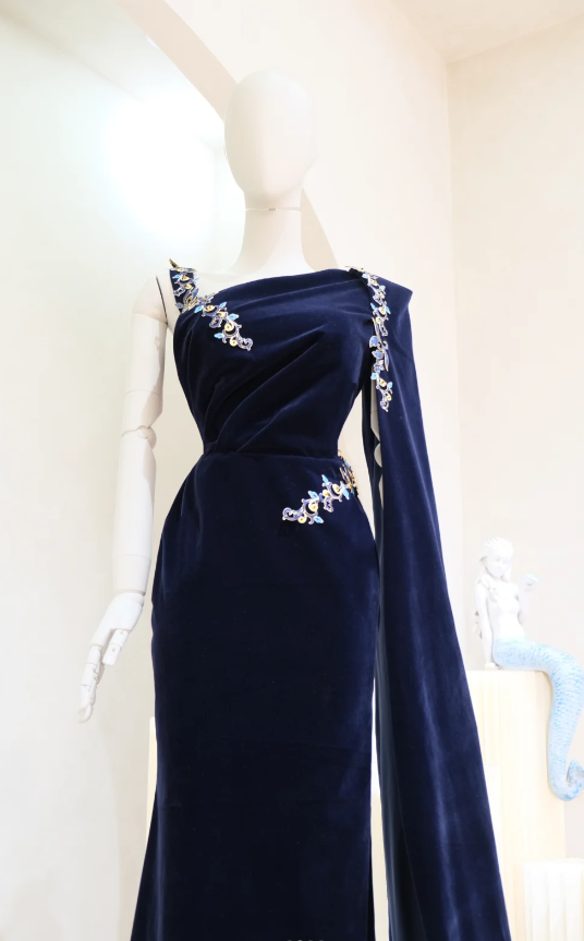 Elegant Sheath Navy Blue Long Prom Dresses, Asymmetrical Neck Navy Blue Bridal Mother-of-the-Bride Dress DP04003