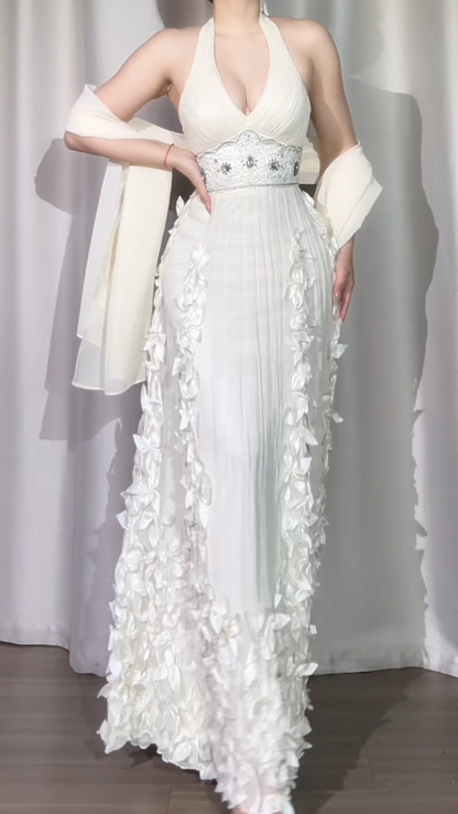 Vintage Sheath White Long Prom Dresses Halter Chiffon White Wedding Guest Dresses DP04004